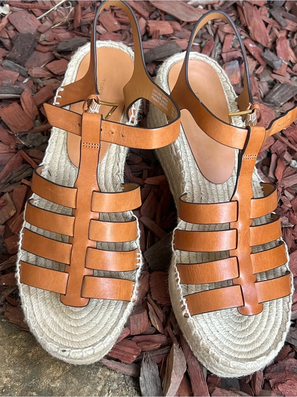 NWOB Tory Burch Fisherman Espadrille Wedge brown leather toasted soufflé 9.5